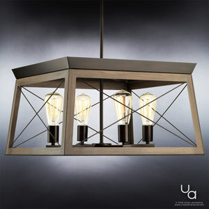 An UHP2122 Industrial Chic Chandelier with a wooden frame from the Urban Ambiance brand, offering a unique lighting fixture.