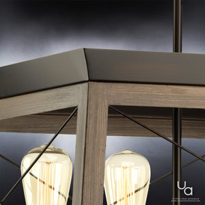 A unique Urban Ambiance UHP2122 Industrial Chic Chandelier with luxury wooden frame and three bulbs.