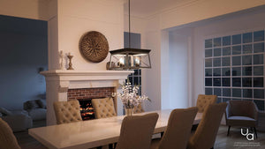 An image of a dining room with the unique UHP2122 Industrial Chic Chandelier.