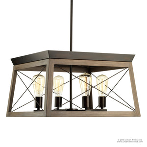 A beautiful UHP2122 Industrial Chic Chandelier, with luxury lighting fixture, Olde Bronze Finish, Berkeley Collection by Urban Ambiance with four lights and a wooden frame.