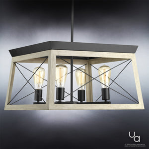 The Urban Ambiance UHP2123 Luxe Industrial Chandelier from the Berkeley Collection features a 20-inch wide square wooden frame with a charcoal finish, distinctive black metal accents, and four exposed Edison-style bulbs suspended from a sleek black rod for a modern industrial look.