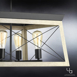 Close-up of the Urban Ambiance UHP2123 Luxe Industrial Chandelier from the Berkeley Collection, featuring a modern rectangular design with exposed Edison bulbs, a wooden frame, charcoal-finished black metal accents, and crossed wire detailing against a dark background.
