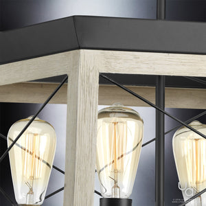 Close-up of the Urban Ambiance UHP2123 Luxe Industrial Chandelier from the Berkeley Collection, featuring a charcoal-finished black metal frame with light wood accents and exposed filament bulbs.