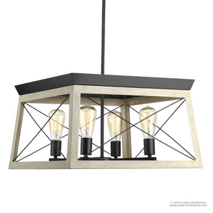 The UHP2123 Luxe Industrial Chandelier from the Berkeley Collection by Urban Ambiance features a rectangular open-cage design with a charcoal-finished metal frame, light wood trim, and four exposed bulbs in vertical black holders—perfect for bringing an industrial touch to your space. Sized at 12″ high by 20″ wide.