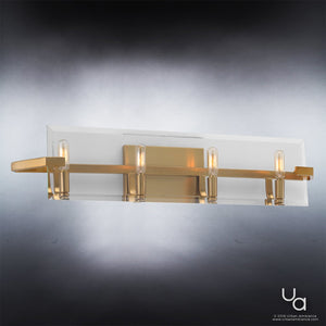 The Urban Ambiance UHP2135 Contemporary Bathroom Vanity Light from the Sevilla Collection showcases a brushed bronze horizontal bar and a rectangular frosted glass backplate, offering a modern geometric aesthetic with four exposed bulbs. Measuring 6.38″ high by 30″ wide, this fixture brings sleek contemporary style to any bath space.
