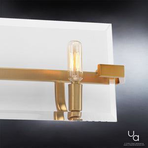 Close-up of the Urban Ambiance UHP2135 Contemporary Bathroom Vanity Light from the Sevilla Collection, featuring a 30-inch wide rectangular base in a brushed bronze finish with exposed filament bulbs; this modern fixture adds a sophisticated, geometric touch to any bath space.