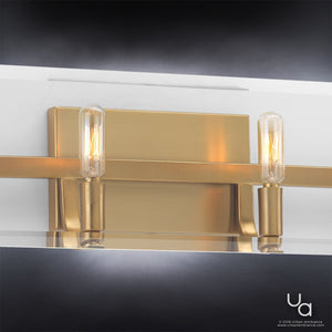The Urban Ambiance UHP2135 Contemporary Bathroom Vanity Light from the Sevilla Collection features a brushed bronze finish and measures 6.38″ high by 30″ wide. Mounted on a mirrored surface, this fixture’s sleek design with two exposed filament bulbs emits warm light, beautifully balancing timeless style with modern elegance for your bath space.