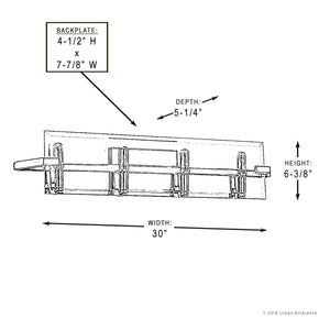 Line drawing of the Urban Ambiance UHP2135 Contemporary Bathroom Vanity Light from the Sevilla Collection, wall-mounted with labeled dimensions: 30″ wide, 6.38″ high, 5.25″ deep, and a backplate measuring 4.5″ H x 7.88″ W. The fixture features clean lines in a brushed bronze finish, ideal for modern geometric glass or contemporary bath light settings.