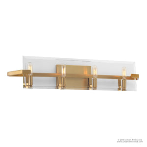 Elevate your bathroom with the UHP2135 Contemporary Bathroom Vanity Light from the Sevilla Collection by Urban Ambiance. Measuring 6.38″ high by 30″ wide and finished in brushed bronze, this geometric fixture features four exposed bulbs on a frosted glass base for a sleek modern look. Its elegant design makes it a sophisticated statement piece for any contemporary bath space.