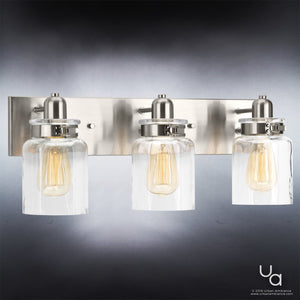 Three UHP2142 Gorgeous Farmhouse Lighting Fixtures with clear glass jars.