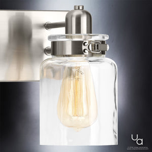 A gorgeous lighting fixture in the form of Urban Ambiance UHP2142 Modern Farmhouse Bath Fixture from the Bridgeport Collection, with a glass jar on it.