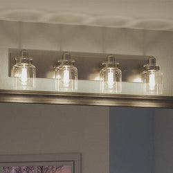 An Urban Ambiance bathroom light fixture with four beautiful Modern Farmhouse Bath Fixtures, 8-5/8"H x 30-1/4"W, Brushed Nickel Finish, Bridgeport