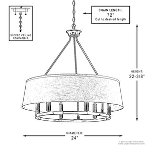 Black and white diagram of the Urban Ambiance UHP2182 Cosmopolitan Chandelier from the Marsala Collection, featuring a 24″ diameter, 22.375″ height, sloped ceiling compatibility, a drum shade design in brushed nickel finish, and a 72″ adjustable chain.
