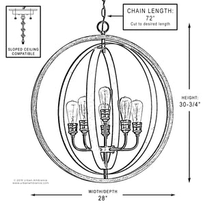A unique and gorgeous diagram displaying the dimensions of the UHP2210 Vintage Chandelier, 30-3/4