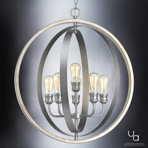 A spherical Urban Ambiance UHP2211 Vintage Chandelier from the Anchorage Collection, measuring 30-3/4” high by 28” wide with a galvanized steel finish and six exposed vintage-style bulbs, hangs suspended by a chain against a gradient gray background.