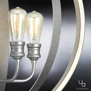 The UHP2211 Vintage Chandelier from Urban Ambiance’s Anchorage Collection features a galvanized steel finish and measures 30-3/4″ high by 28″ wide, showcasing vintage-style exposed bulbs with visible filaments on metallic holders. Curved metal and wood accents evoke classic farmhouse lighting charm.