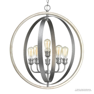 The UHP2211 Vintage Chandelier by Urban Ambiance, part of the Anchorage Collection, features a bold industrial design with six exposed bulbs encased in three intersecting galvanized steel rings and suspended by a chain, making it a striking modern farmhouse pendant light at 30-3/4″ high and 28″ wide.