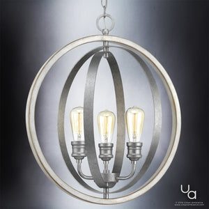 The Urban Ambiance UHP2213 Vintage Chandelier from the Anchorage Collection features a 24-inch high by 21-1/4-inch wide design in a galvanized steel finish, showcasing three exposed bulbs within intersecting metal rings and suspended by a chain for vintage-inspired charm in any space.