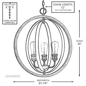 Black and white diagram of the Urban Ambiance UHP2213 Vintage Chandelier from the Anchorage Collection, featuring a spherical design with three bulbs and a galvanized steel finish inspired by classic pendant light styles. The illustration includes dimensions: 72″ chain length, 24″ height, and 21-1/4″ width. This armillary chandelier is compatible with sloped ceilings.
