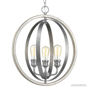 The Urban Ambiance UHP2213 Vintage Chandelier from the Anchorage Collection features an open spherical frame in a galvanized steel finish and four exposed vintage-style bulbs, bringing vintage-inspired charm to any space. Measuring 24 inches high by 21-1/4 inches wide, this striking pendant light offers a perfect blend of industrial elegance and timeless appeal.