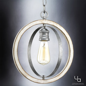 The UHP2215 Vintage Pendant from Urban Ambiance’s Anchorage Collection features exposed filament lighting within metal and wood rings in a two-tone galvanized steel finish, suspended by a sturdy chain for an industrial look that brings vintage modern style to any plain space. This pendant measures 14 inches high by 12 inches wide.