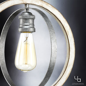 Certainly! Here’s a revised version of your sentence incorporating the provided product data: Close-up of the UHP2215 Vintage Pendant by Urban Ambiance, featuring a galvanized steel finish and an elegant armillary-inspired design with intersecting metal rings from the Anchorage Collection—this 14″H x 12″W pendant flawlessly blends vintage modern lighting with striking style against a gray background.
