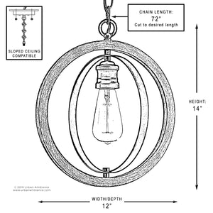 Line drawing of the Urban Ambiance UHP2215 Vintage Pendant from the Anchorage Collection, featuring a bulb in a circular galvanized steel frame, measuring 14″ tall by 12″ wide, with a 72″ adjustable chain. This two-tone pendant light is sloped ceiling compatible.