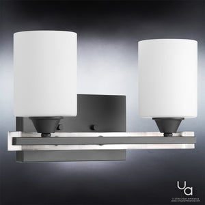 An UHP2230 Modern Bathroom Vanity Light with two white glass shades, part of the Tampa Collection by Urban Ambiance.