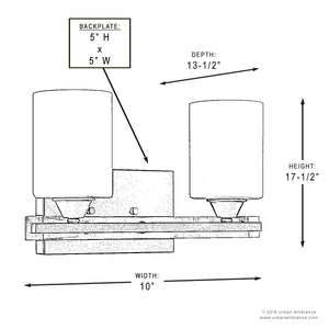 A diagram displaying the dimensions of a luxury lighting fixture, UHP2230 Mid-Century Modern Bathroom Vanity Light, Tampa Collection by Urban Ambiance.