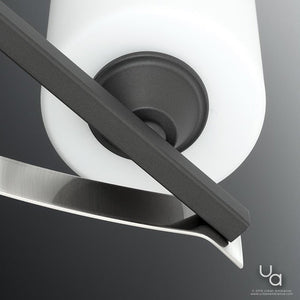 A close up of a beautiful Urban Ambiance bathroom faucet with a black handle.