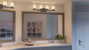 A stunning bathroom with a unique lighting fixture, the UHP2232 Mid-Century Modern Modern Bathroom Vanity Lights from the Tampa Collection by Urban Ambiance, complemented by a mirror.