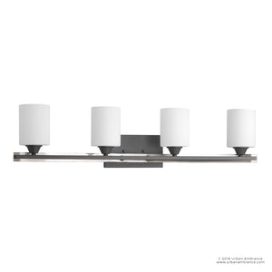 Gorgeous Mid-Century Modern Bathroom Vanity Light with Charcoal Finish and white shades.