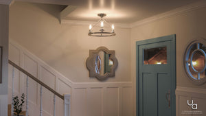 An entryway with the UHP2240 Industrial Chic Ceiling Fixture and a blue door, creating a gorgeous atmosphere.
