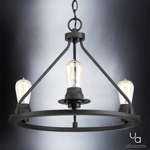 The UHP2241 Luxe Industrial Ceiling Fixture by Urban Ambiance, from the Nashville Collection, features a charcoal finish and a striking triangular frame with three vintage-style bulbs suspended by a chain—measuring 15 inches high and nearly 20 inches wide—effortlessly capturing an industrial chic aesthetic against a gradient gray background.