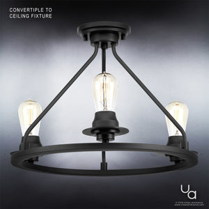 The UHP2241 Luxe Industrial Ceiling Fixture from Urban Ambiance’s Nashville Collection features a charcoal finish, circular frame, and three exposed vintage-style bulbs, creating an ideal industrial chic statement for your ceiling décor.