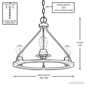 Line drawing of the Urban Ambiance UHP2241 Luxe Industrial Ceiling Fixture from the Nashville Collection, showing labeled dimensions—15″ height, 19-7/8″ width, and 72″ adjustable chain; this charcoal-finished chandelier is sloped ceiling compatible and designed with industrial chic details, ideal for vintage-style bulbs.