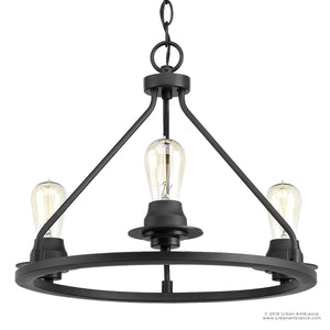 Illuminate your space with the Urban Ambiance UHP2241 Luxe Industrial Ceiling Fixture from the Nashville Collection, featuring a striking charcoal finish and measuring 15″ high by 19-7/8″ wide. This industrial chic chandelier showcases three exposed vintage-style bulbs arranged on a circular frame and is suspended by a chain, making it a standout ceiling light for any room.