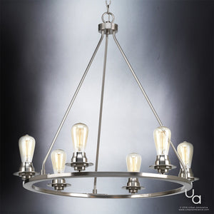 A beautiful Urban Ambiance UHP2242 Industrial Chic Chandelier with a unique metal frame and six light bulbs.