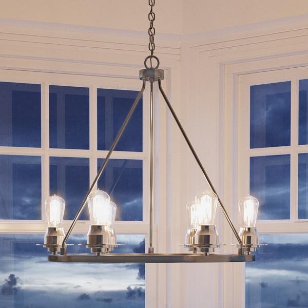 UHP2242 Industrial Chic Chandelier, 27-1/2"H x 28"W, Brushed Nickel Finish, Nashville Collection