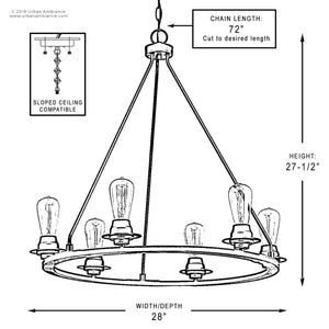 A beautiful diagram showcasing the unique dimensions of an Urban Ambiance UHP2242 Industrial Chic Chandelier, 27-1/2