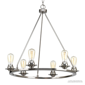 An Unique Industrial Chic Chandelier with six light bulbs hanging from a metal frame.