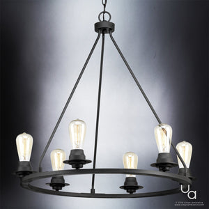 The Urban Ambiance UHP2243 Luxe Industrial Chandelier from the Nashville Collection features a charcoal steel finish and six exposed Edison-style bulbs arranged in a circular 28″ wide frame, suspended by three angled rods and a chain—a striking vintage-inspired lighting piece measuring 27-1/2″ high that adds bold character to any space.