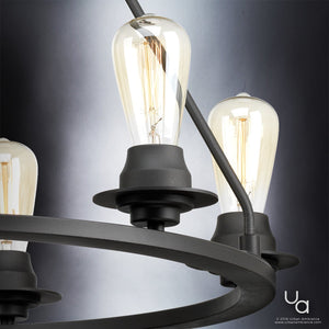Discover the UHP2243 Luxe Industrial Chandelier by Urban Ambiance, part of the Nashville Collection. Featuring a charcoal finish and measuring 27-1/2″H x 28″W, this striking fixture showcases three exposed filament bulbs in matte black metal sockets on a circular frame. The bold design seamlessly blends modern minimalism with timeless industrial charm—perfect for adding vintage-inspired lighting to any space seeking the dramatic appeal of a charcoal steel chandelier.
