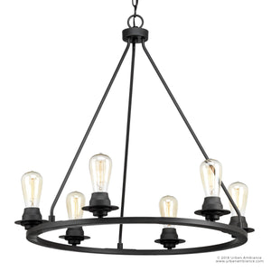 The UHP2243 Luxe Industrial Chandelier from Urban Ambiance’s Nashville Collection features a charcoal steel finish with six exposed bulbs arranged on a circular frame and suspended from a chain, infusing any space with striking industrial charm and vintage-inspired lighting. Measuring 27-1/2″ high by 28″ wide, this chandelier makes an impressive statement.