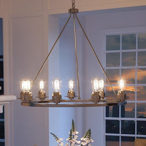 A gorgeous chandelier hanging over a dining room table.