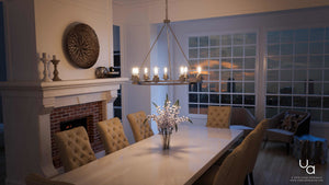 A beautiful 3D rendering of a dining room with the Urban Ambiance UHP2244 Industrial Chic Chandelier, 34-1/2