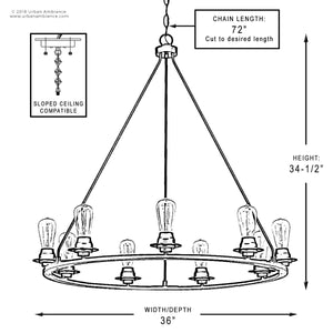 A diagram showing the dimensions of the beautiful Urban Ambiance UHP2244 Industrial Chic Chandelier.