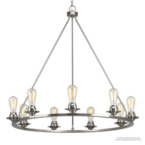 A unique lighting fixture, the UHP2244 Industrial Chic Chandelier from the Nashville Collection by Urban Ambiance features a metal frame and glass bulbs.