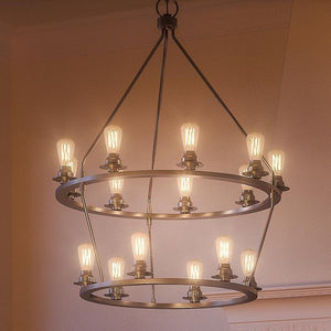 A unique lighting fixture, the UHP2246 Industrial Chandelier from the Nashville Collection by Urban Ambiance features a brushed nickel finish and numerous hanging light bulbs.