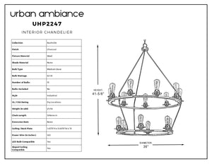 Black and white diagram of a two-tier, 15-bulb UHP2247 XL Industrial Chandelier from the Nashville Collection by Urban Ambiance, shown with labeled dimensions (41-5/8″ x 36″) and charcoal finish; product name and specifications listed on the left.